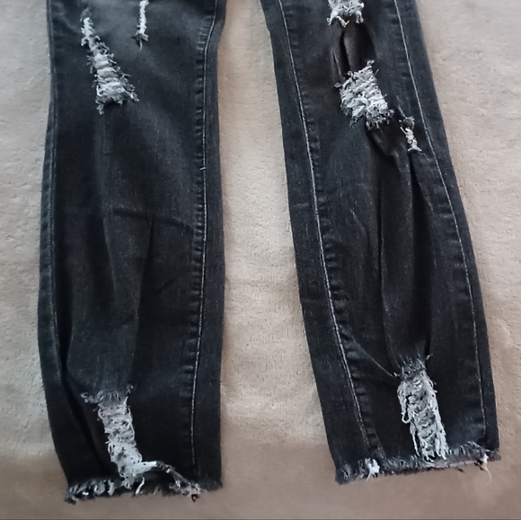 Faded Black Hi-Rise Distressed Destructed Elastic Waist Baggy Frayed Jeans Pants - Picture 5 of 15
